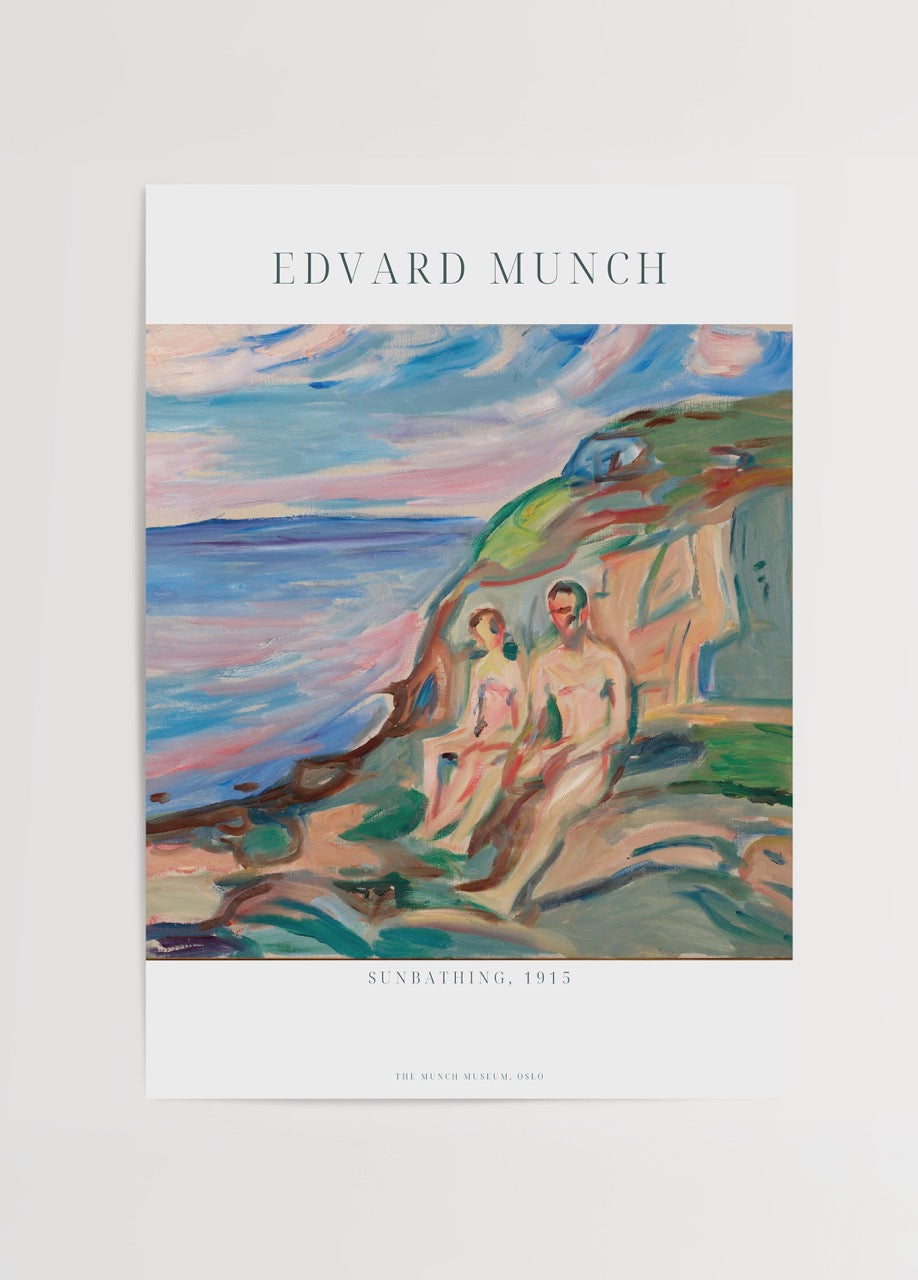 Edvard Munch’un “Sunbathing” (1915) tablosunun yer aldığı, deniz kenarında güneşlenen figürleri gösteren ekspresyonist sanat posteri.