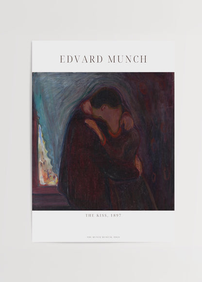 Edvard Munch’un 1897 tarihli “The Kiss” (Öpücük) adlı tablosunun yer aldığı, koyu tonlarda duygusal bir aşk sahnesi sunan sanat posteri.
