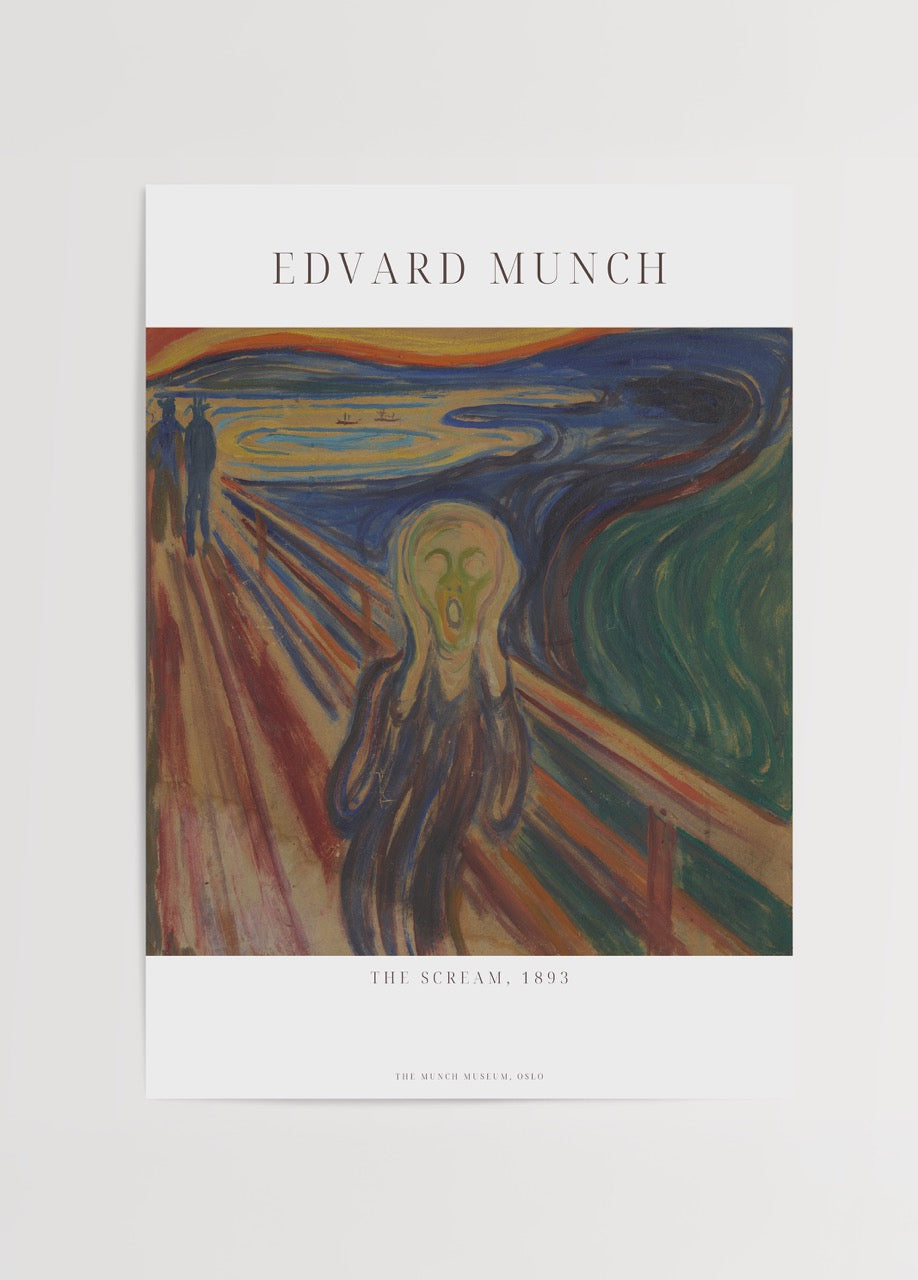 Edvard Munch’un ikonik “The Scream” (1893) eserinin renkli versiyonunu gösteren poster, köprü üstünde elleriyle yüzünü tutan figür ve dalgalı gökyüzüyle dikkat çeker.