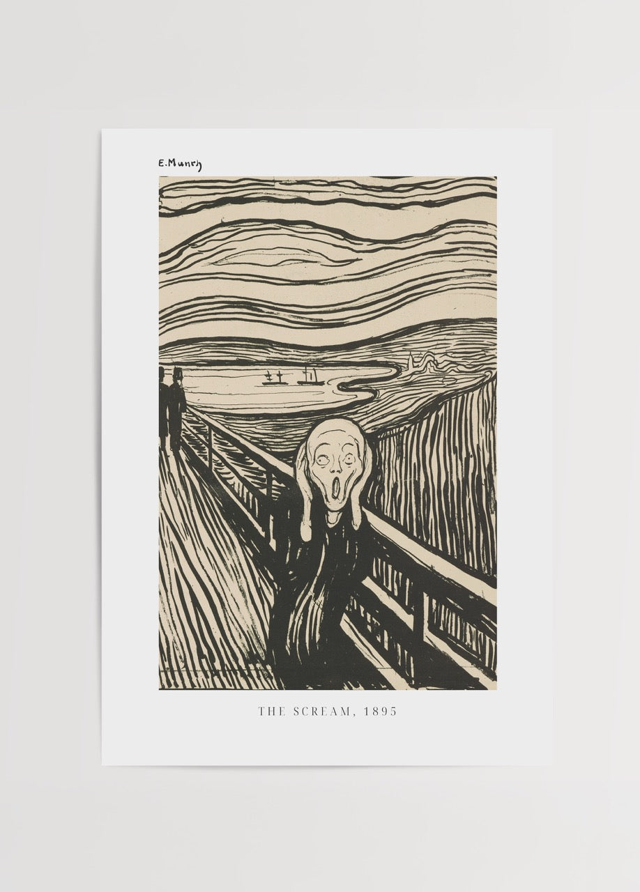 Edvard Munch’un 1895 tarihli “The Scream” eserinden siyah mürekkep baskı, çığlık atan figür ve kıvrımlı doğa manzarasını gösteren ekspresyonist poster.
