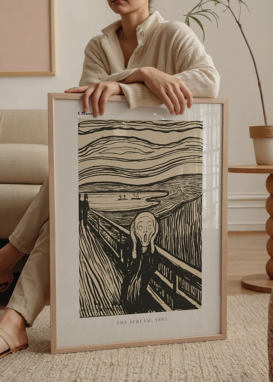 Edvard Munch’un 1895 tarihli “The Scream” eserinden siyah mürekkep baskı, çığlık atan figür ve kıvrımlı doğa manzarasını gösteren ekspresyonist poster.