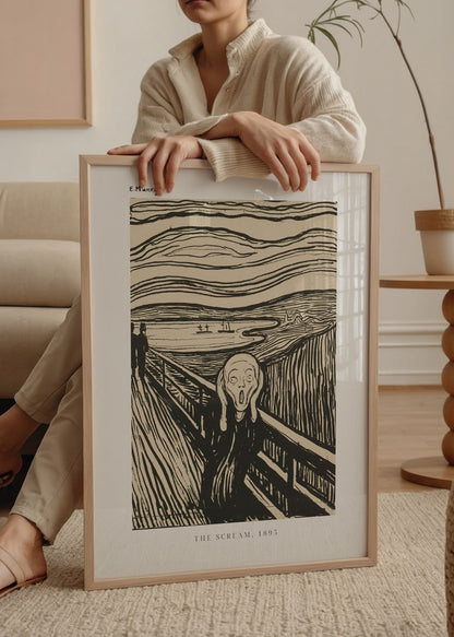 Edvard Munch’un 1895 tarihli “The Scream” eserinden siyah mürekkep baskı, çığlık atan figür ve kıvrımlı doğa manzarasını gösteren ekspresyonist poster.