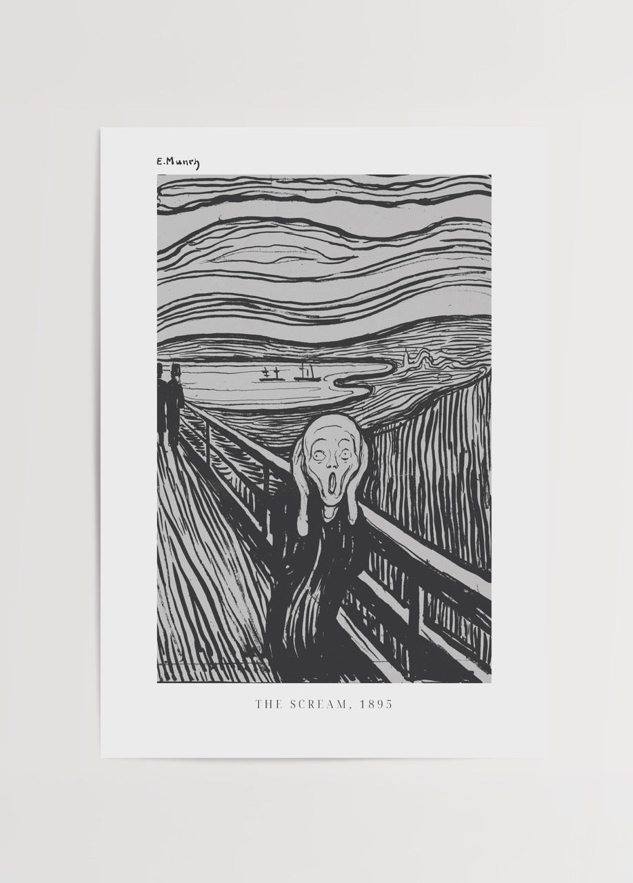 Edvard Munch’un 1895 tarihli “The Scream” eserinin siyah beyaz versiyonu, çığlık atan figür ve dalgalı gökyüzüyle ikonik ekspresyonist sanat posteri.