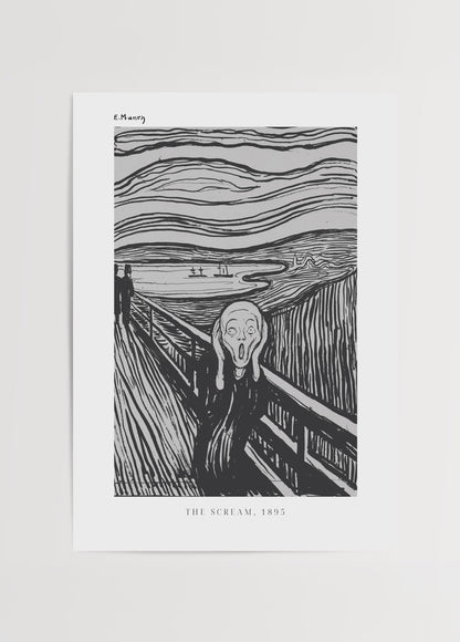 Edvard Munch’un 1895 tarihli “The Scream” eserinin siyah beyaz versiyonu, çığlık atan figür ve dalgalı gökyüzüyle ikonik ekspresyonist sanat posteri.