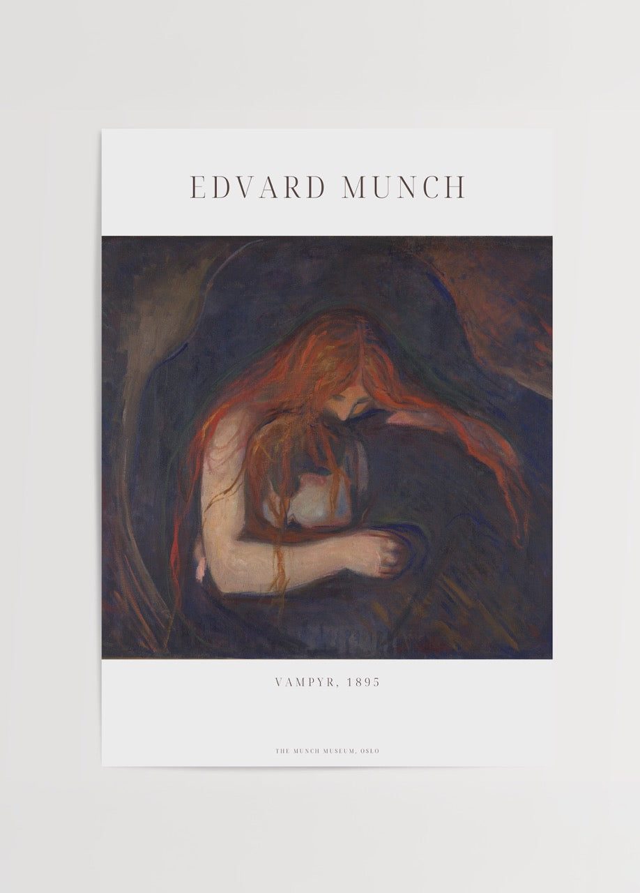 Edvard Munch’un 1895 tarihli “Vampyr” tablosunun poster versiyonu; uzun kızıl saçlı bir kadının başını eğmiş şekilde bir erkeğe sarıldığı duygusal ve karanlık sahne.