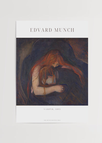 Edvard Munch’un 1895 tarihli “Vampyr” tablosunun poster versiyonu; uzun kızıl saçlı bir kadının başını eğmiş şekilde bir erkeğe sarıldığı duygusal ve karanlık sahne.