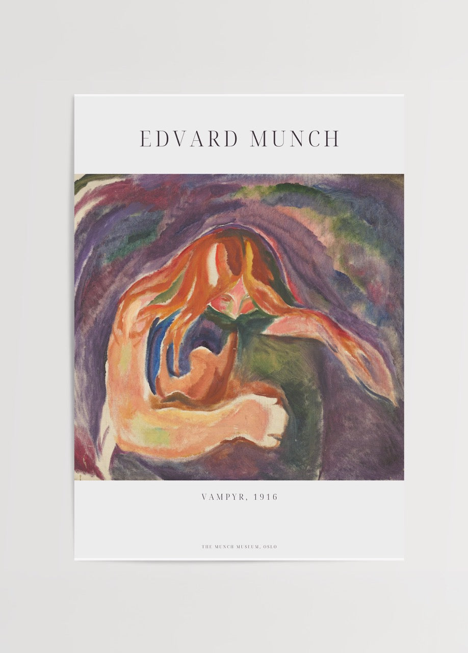 Edvard Munch’un “Vampyr” (1916) adlı tablosunu içeren renkli ekspresyonist sanat posteri.