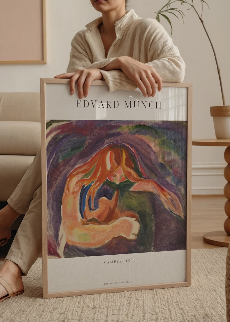 Edvard Munch’un “Vampyr” (1916) adlı tablosunu içeren renkli ekspresyonist sanat posteri.
