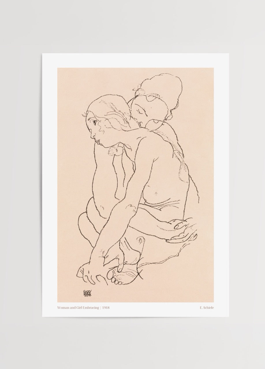 Bir kadın ve bir çocuğun birbirine sarıldığı minimal çizgi sanatı posteri