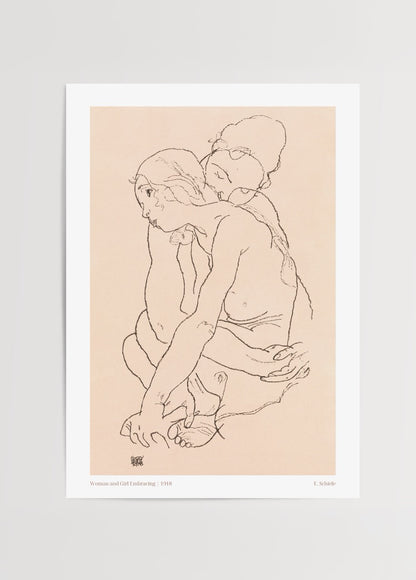 Bir kadın ve bir çocuğun birbirine sarıldığı minimal çizgi sanatı posteri