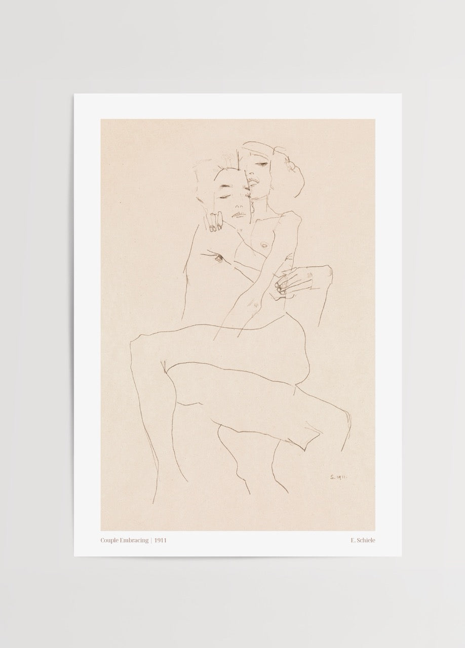Birbirine sarılmış iki insan figürünün minimalist ve ekspresyonist çizimle betimlendiği sanat posteri
