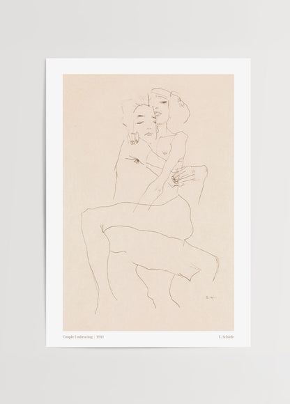 Birbirine sarılmış iki insan figürünün minimalist ve ekspresyonist çizimle betimlendiği sanat posteri