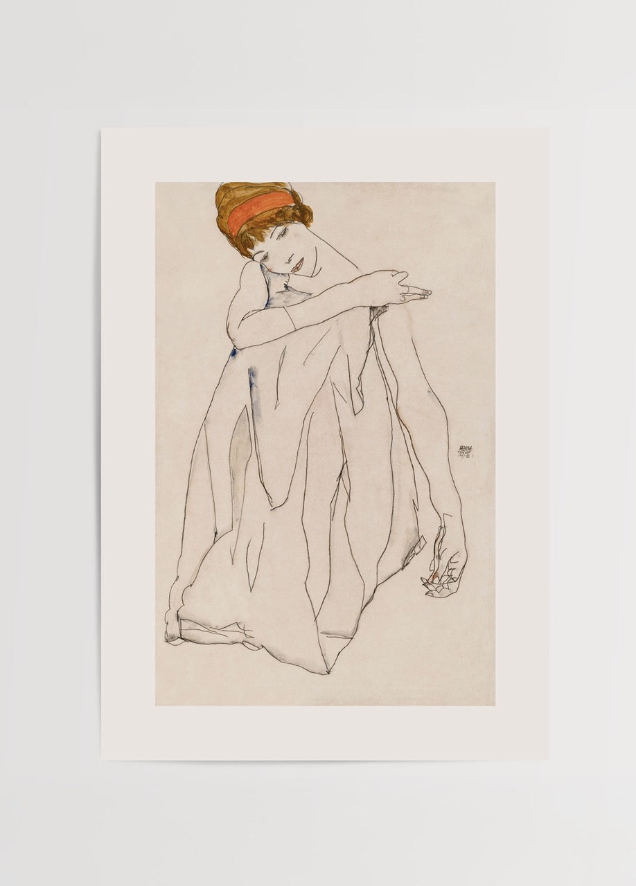 Egon Schiele tarzı sade çizimle betimlenmiş duygusal kadın figürü posteri