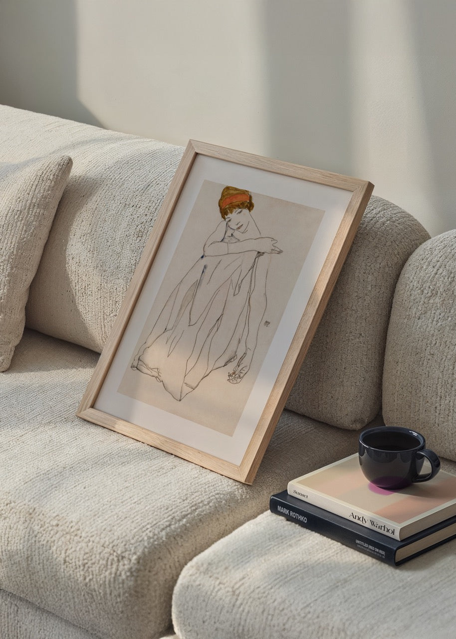 Egon Schiele tarzı sade çizimle betimlenmiş duygusal kadın figürü posteri
