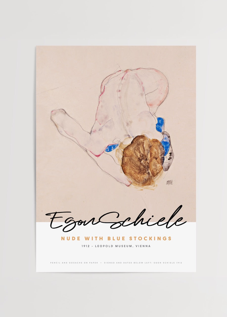 Mavi çoraplı çıplak figürün minimalist çizim tarzında betimlendiği Egon Schiele sanat posteri.