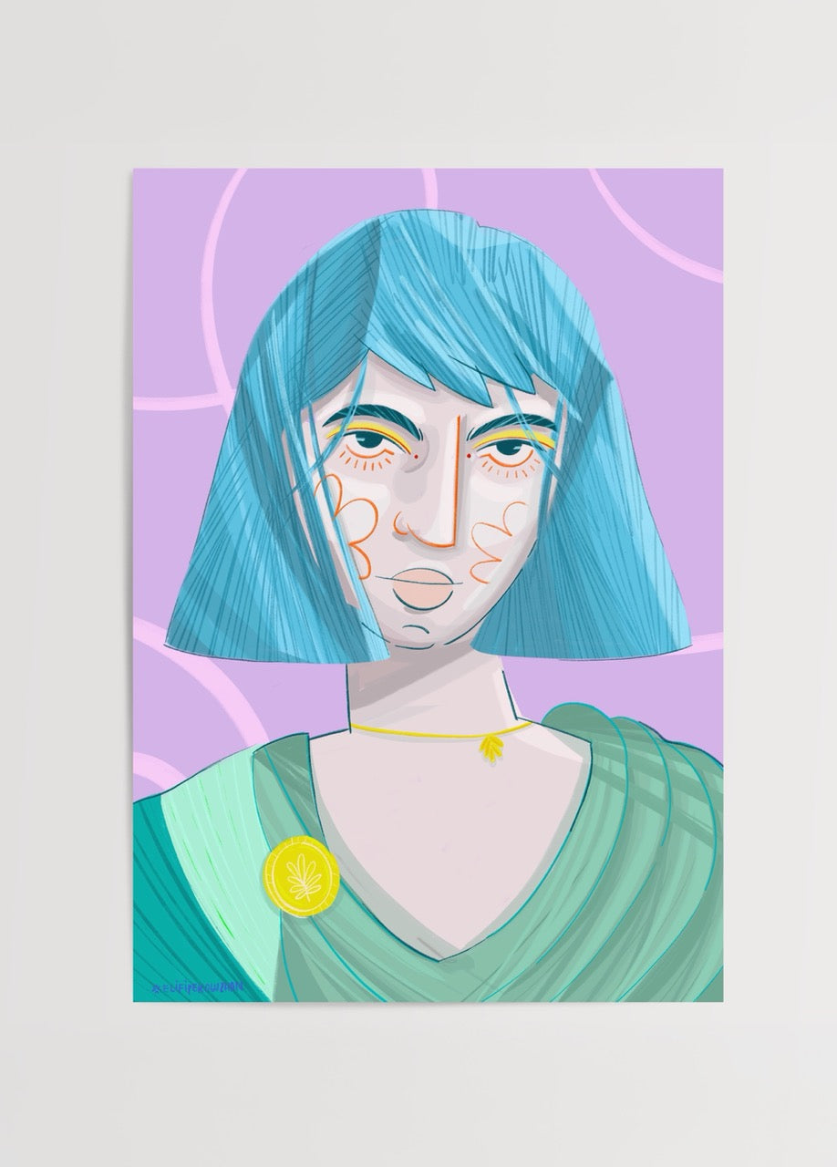 Elif İpek Oğuzhan’ın Eidlyn adlı eseri – pastel mor ve mavi tonlarda modern kadın portresi illüstrasyon posteri.