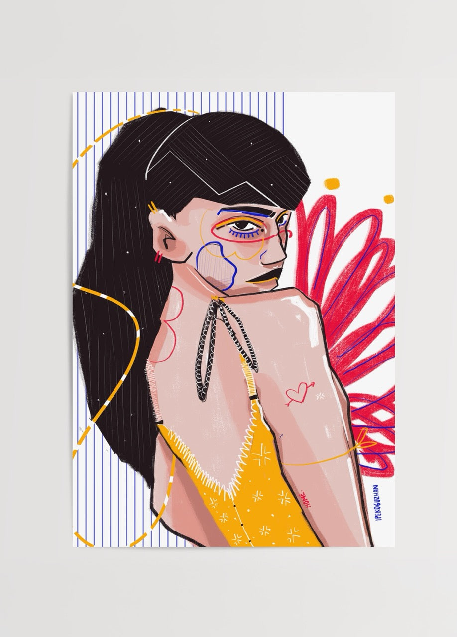 Elif İpek Oğuzhan’ın Girl adlı illüstrasyonu – sarı elbiseli, güçlü ve renkli kadın figürlü modern sanat posteri.