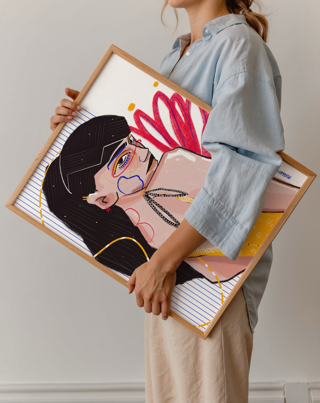 Elif İpek Oğuzhan’ın Girl adlı illüstrasyonu – sarı elbiseli, güçlü ve renkli kadın figürlü modern sanat posteri.