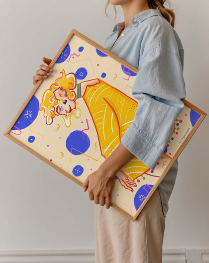 Elif İpek Oğuzhan’ın It’s Me adlı eseri – sarı elbiseli kadın figürlü, renkli geometrik desenli modern illüstrasyon posteri.