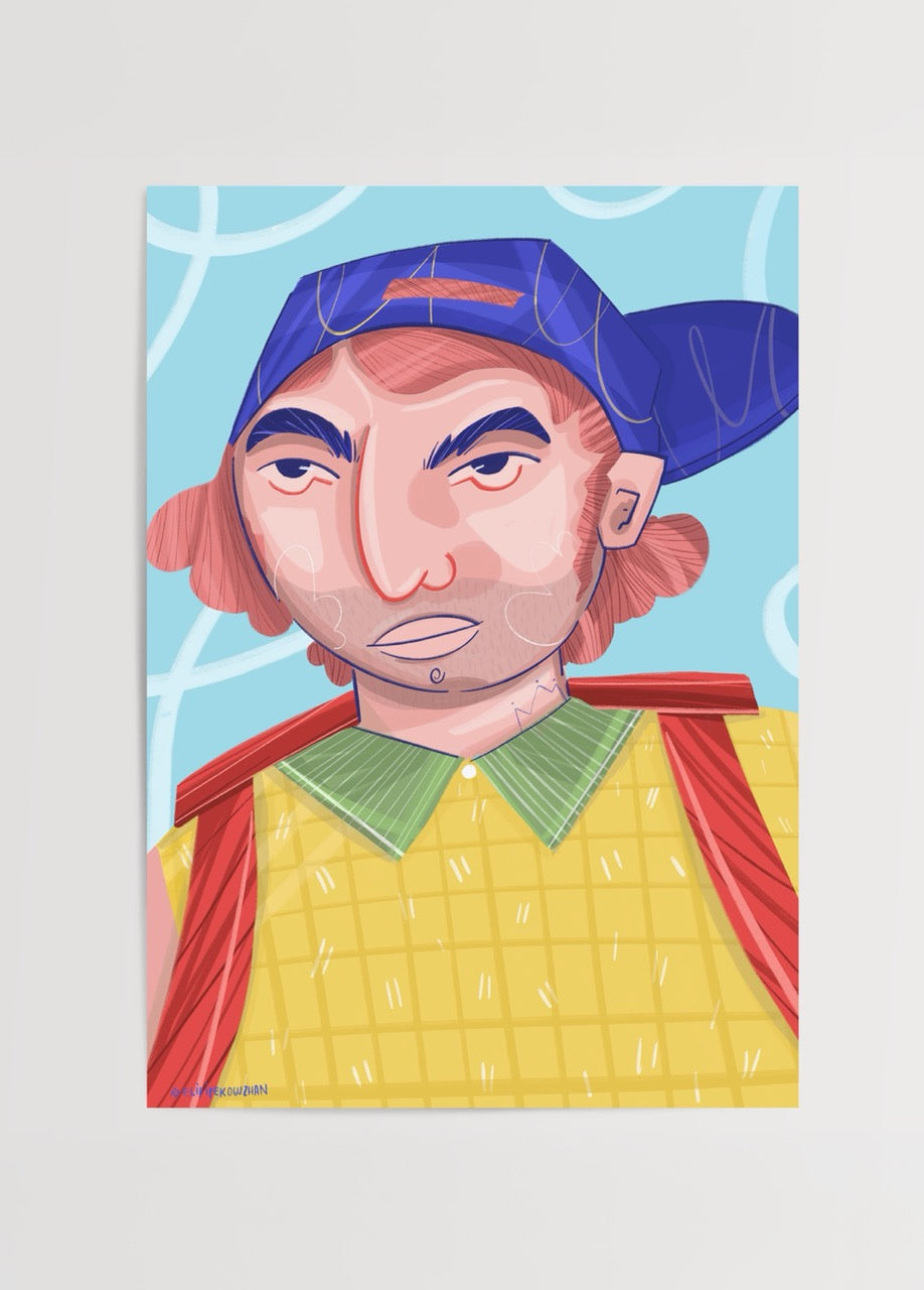 Elif İpek Oğuzhan’ın Max adlı eseri – sarı, mavi ve kırmızı tonlarda enerjik ve modern erkek portresi illüstrasyon posteri.