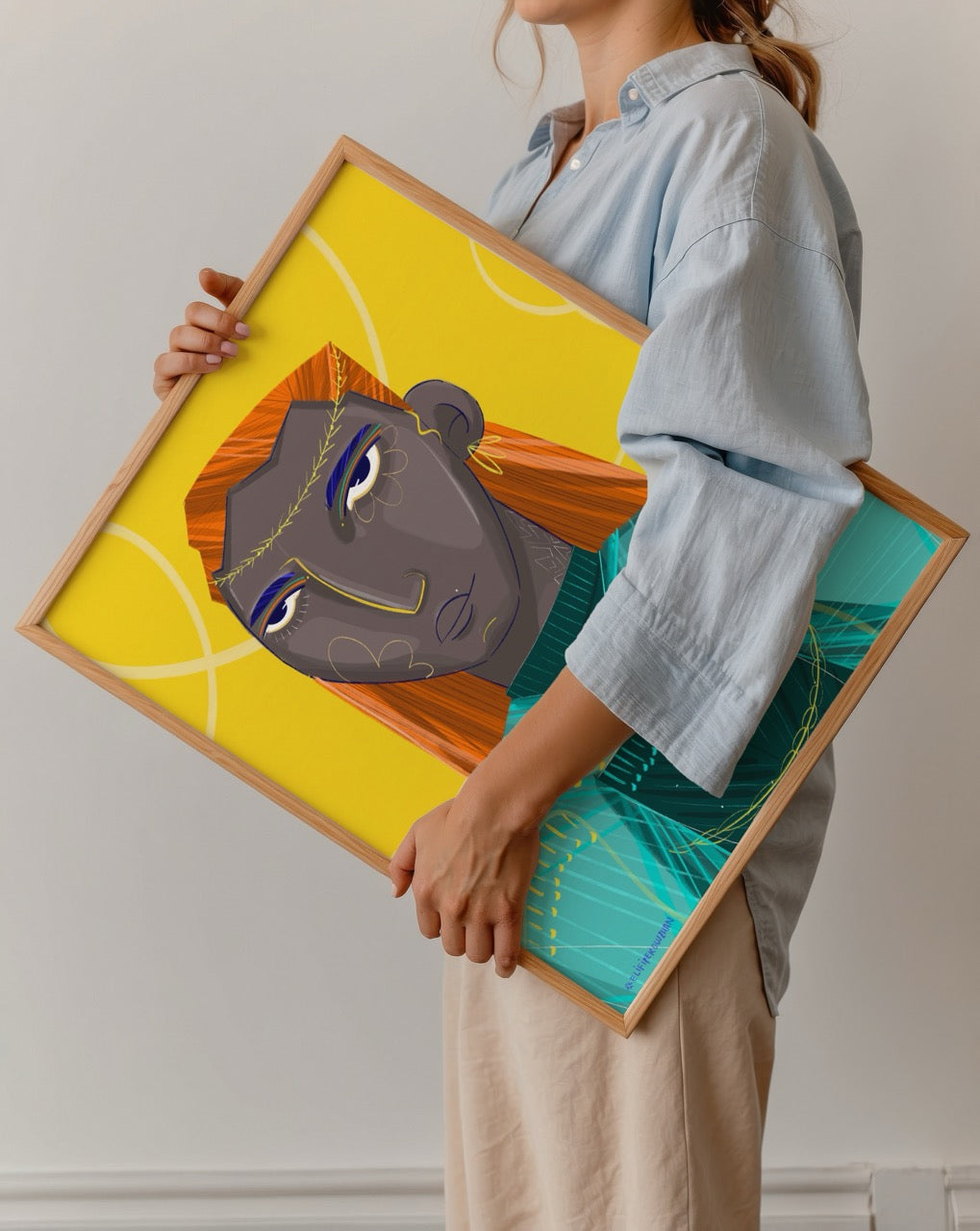 Elif İpek Oğuzhan’ın Rox adlı eseri – sarı arka planlı, turuncu saçlı figür ve turkuaz detaylarla modern çizgilerde illüstrasyon portre posteri.