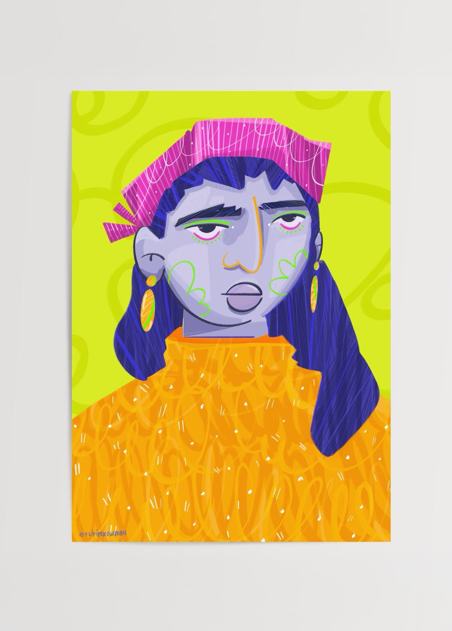 Elif İpek Oğuzhan’ın Zellanda adlı eseri – neon sarı arka planlı, mor saçlı ve turuncu kazaklı kadın portresi illüstrasyon posteri.