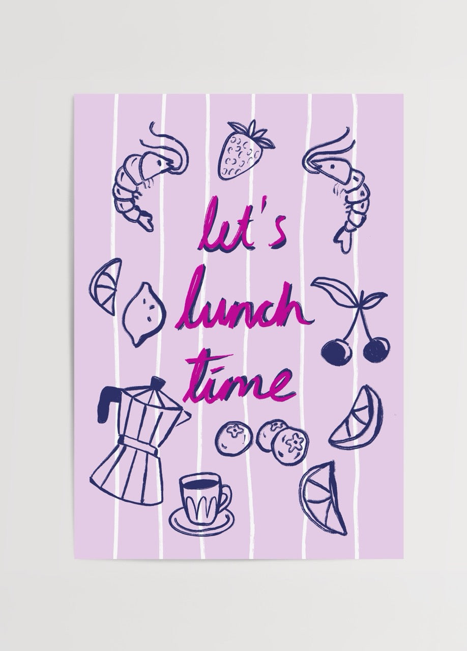 Elif Korkut’un “Lunch Vibes” adlı, pastel tonlarda çizilmiş deniz ürünleri ve meyve illüstrasyonlu modern poster tasarımı.