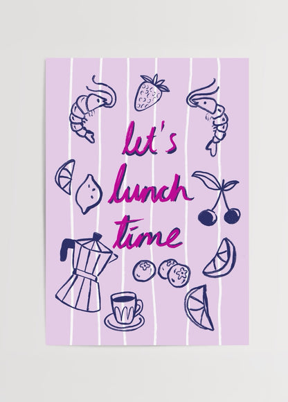 Elif Korkut’un “Lunch Vibes” adlı, pastel tonlarda çizilmiş deniz ürünleri ve meyve illüstrasyonlu modern poster tasarımı.