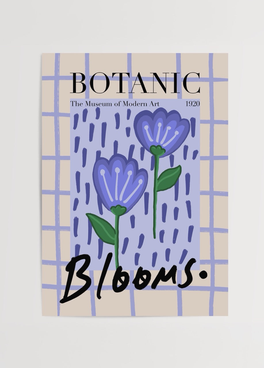 Elif Korkut’un “Quiet Garden” adlı, mavi ve mor tonlarda çiçek illüstrasyonlu modern botanik poster tasarımı.
