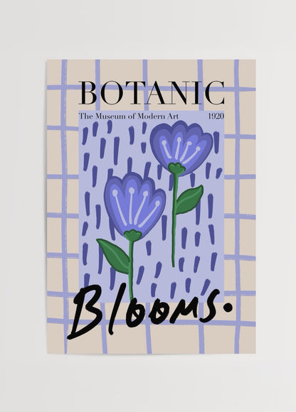 Elif Korkut’un “Quiet Garden” adlı, mavi ve mor tonlarda çiçek illüstrasyonlu modern botanik poster tasarımı.
