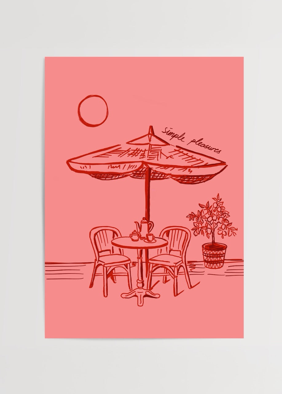 Elif Korkut’un “Simple Pleasures” adlı, minimalist tarzda çay masası ve güneş illüstrasyonuyla tasarlanmış kırmızı tonlu poster baskısı.