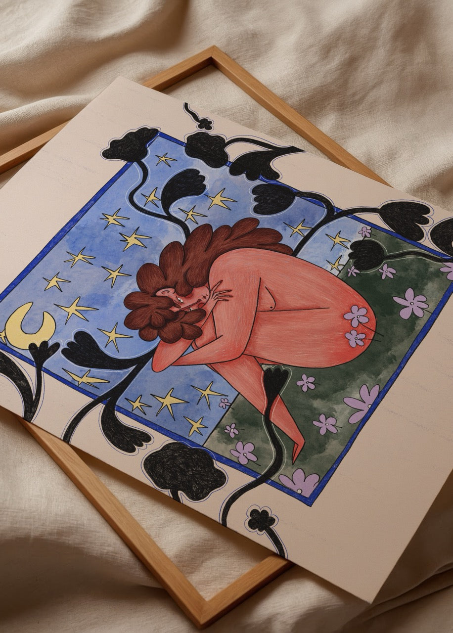 Elif Sezgin’in “Meeting with Moonlight” adlı, ay ışığı altında sarılan figürlü illüstrasyon posteri.