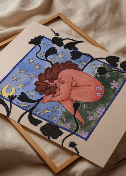 Elif Sezgin’in “Meeting with Moonlight” adlı, ay ışığı altında sarılan figürlü illüstrasyon posteri.