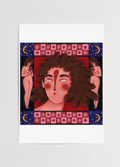 Elif Sezgin’in “Redface” adlı, kırmızı tonlarda kadın figürleri ve desenli çerçeveli modern illüstrasyon posteri.