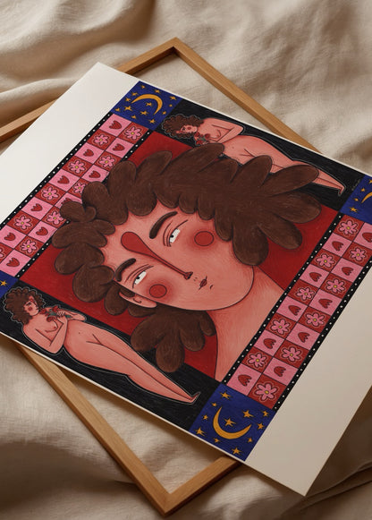 Elif Sezgin’in “Redface” adlı, kırmızı tonlarda kadın figürleri ve desenli çerçeveli modern illüstrasyon posteri.