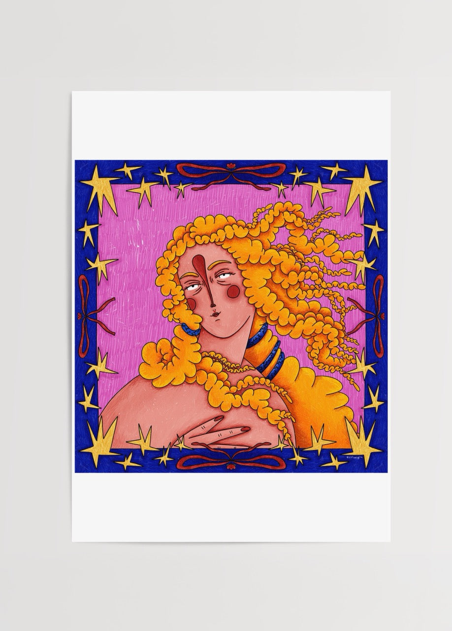 Elif Sezgin’in “Tired Venus” adlı, pembe ve mavi arka planlı, altın saçlı kadın figürlü modern illüstrasyon posteri.