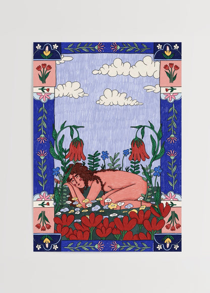 Elif Sezgin’in “Tulip Girl” adlı, kırmızı laleler arasında uzanan kadın figürlü illüstrasyon posteri.