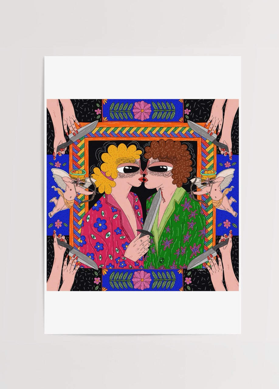 Renkli desenlerle çevrili bir kompozisyonda, birbirine çok yakın duran iki figürün ortasında bıçak detayı bulunan, sembolik ve çarpıcı illüstrasyon.