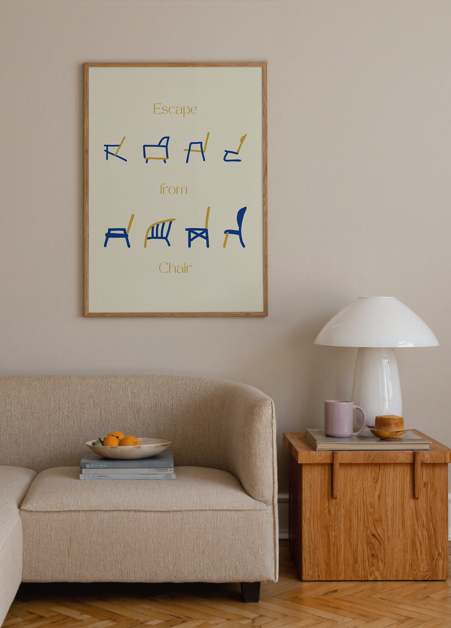 Krem zemin üzerinde farklı sandalye silüetleri ve "Escape From Chair" yazısını içeren minimalist Dilara Güney posteri.