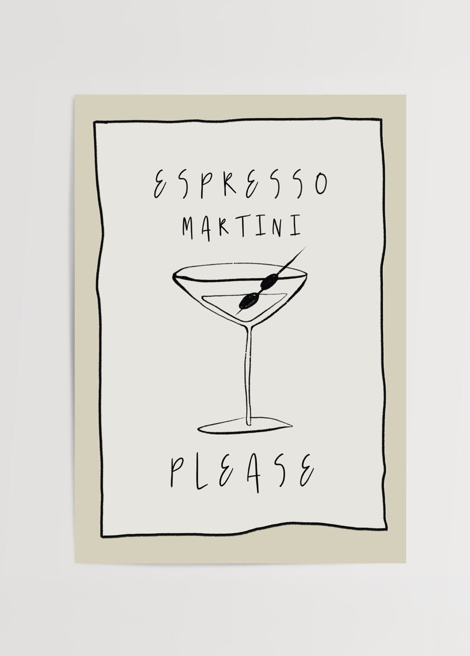 Bej arka plan üzerinde siyah çizgi espresso martini kokteyl bardağı illüstrasyonlu ve tipografi tasarımlı minimalist duvar posteri.