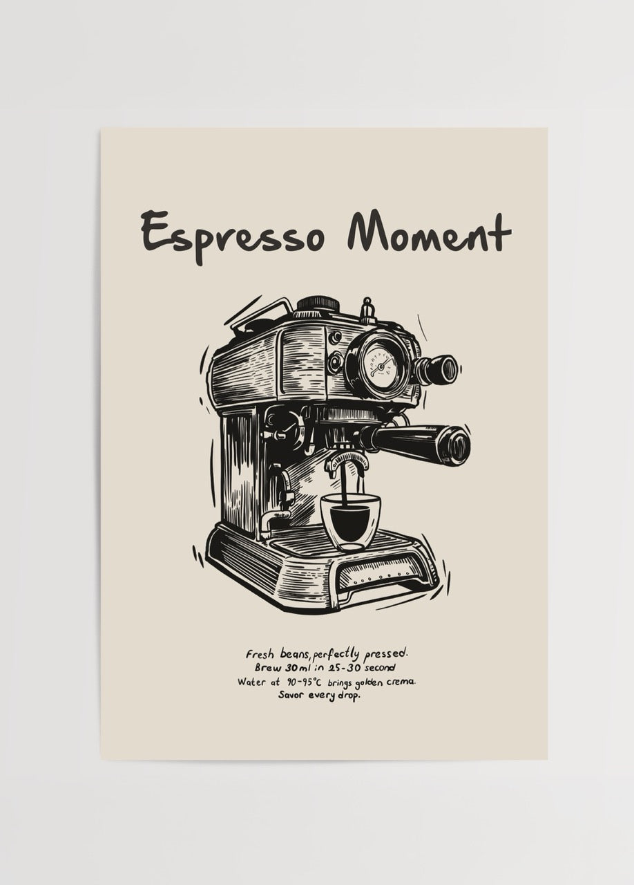 Elif Bilgin’in illüstratif tarzıyla hazırladığı Espresso Moment posteri, espresso makinesi çizimiyle kahve kültürünü yansıtan sanatsal tasarım.