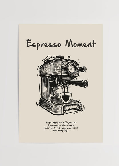 Elif Bilgin’in illüstratif tarzıyla hazırladığı Espresso Moment posteri, espresso makinesi çizimiyle kahve kültürünü yansıtan sanatsal tasarım.