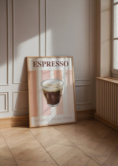 Cam bardakta espressoyu betimleyen sade ve modern kahve temalı poster