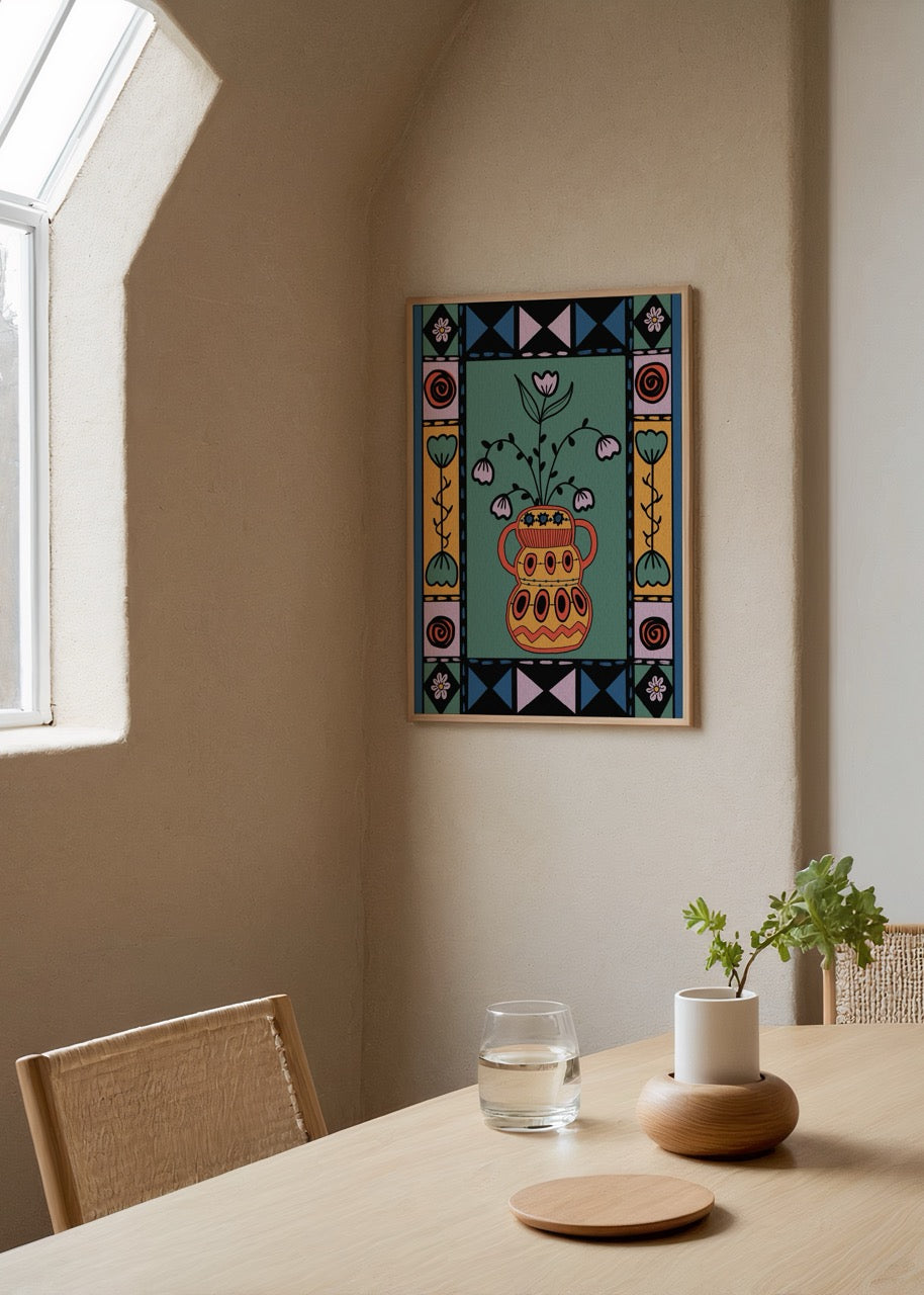 Elif Korkut’un etnik motiflerle bezeli dekoratif çiçek illüstrasyonlu poster tasarımı.