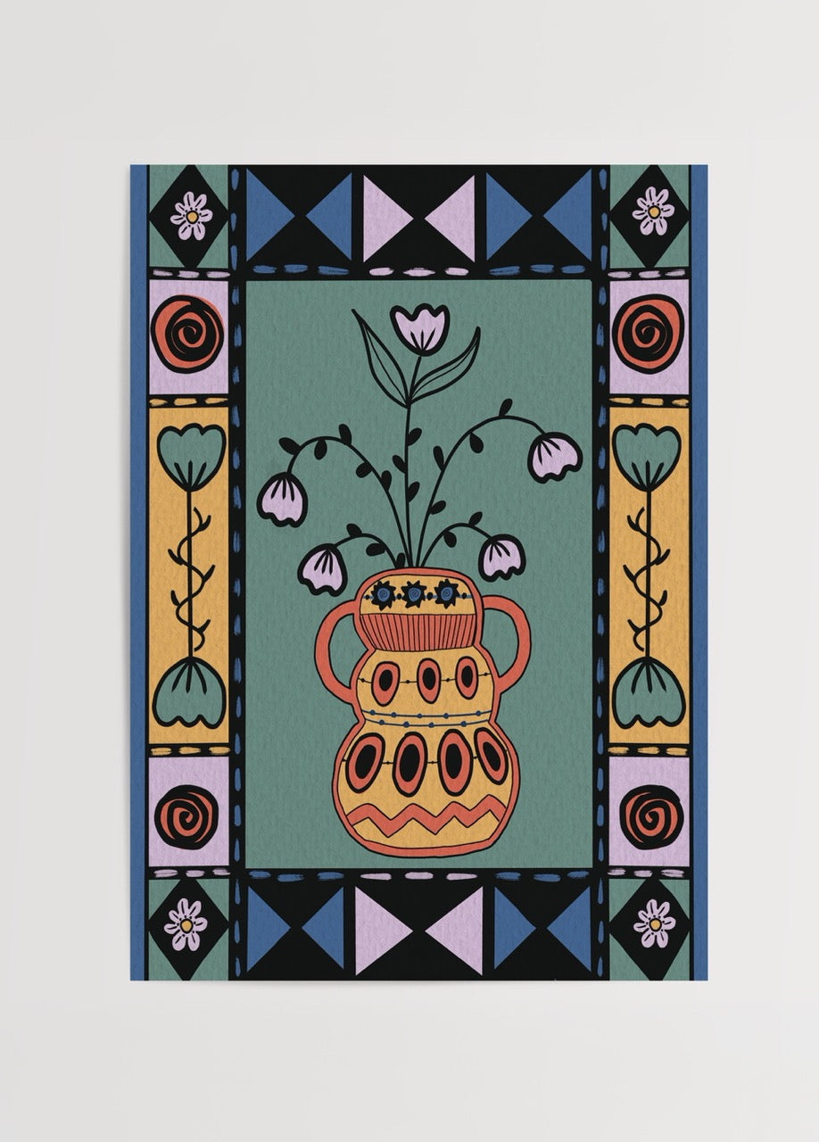 Elif Korkut’un etnik motiflerle bezeli dekoratif çiçek illüstrasyonlu poster tasarımı.