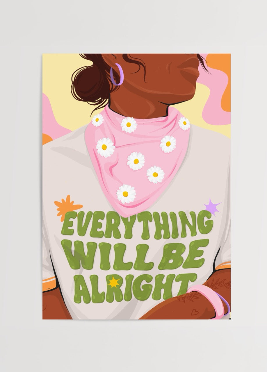 Merve Pınar Yeşilyurt’un “Everything Will Be Alright” adlı, umut ve pozitiflik temalı papatyalı illüstrasyon posteri.