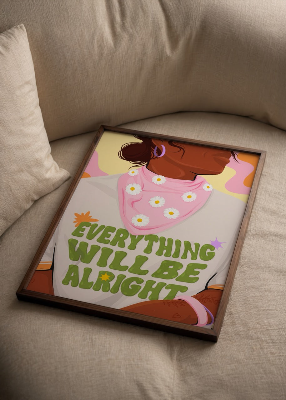Merve Pınar Yeşilyurt’un “Everything Will Be Alright” adlı, umut ve pozitiflik temalı papatyalı illüstrasyon posteri.