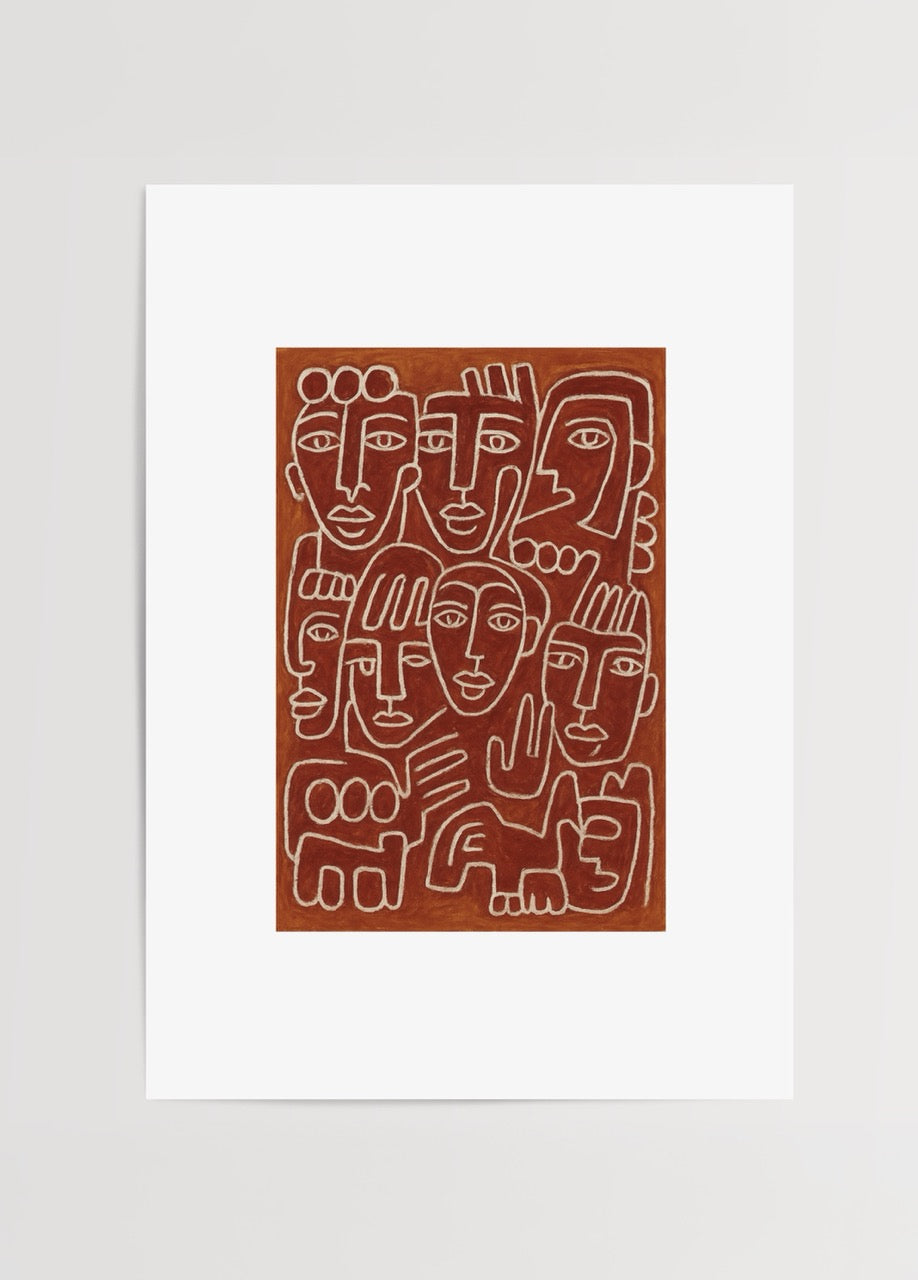 Nida Büyük imzalı Facia posteri, terrakota zemin üzerinde beyaz çizgilerle oluşturulmuş soyut yüz illüstrasyonlarıyla modern sanat baskısı.