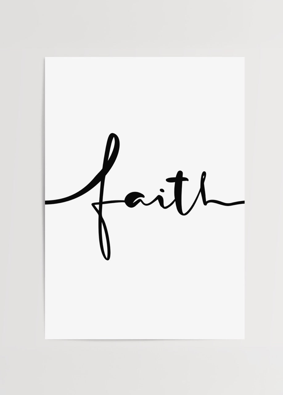 El yazısı ile tasarlanmış &quot;faith&quot; yazılı siyah beyaz tipografik poster