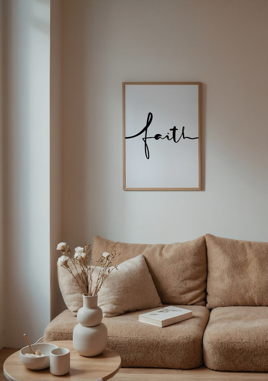El yazısı ile tasarlanmış &quot;faith&quot; yazılı siyah beyaz tipografik poster